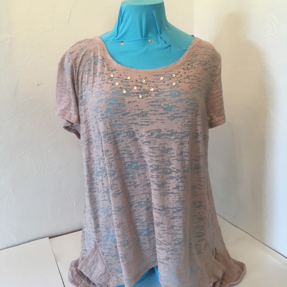 French Laundry Tan Sheer Top with Gems 3X